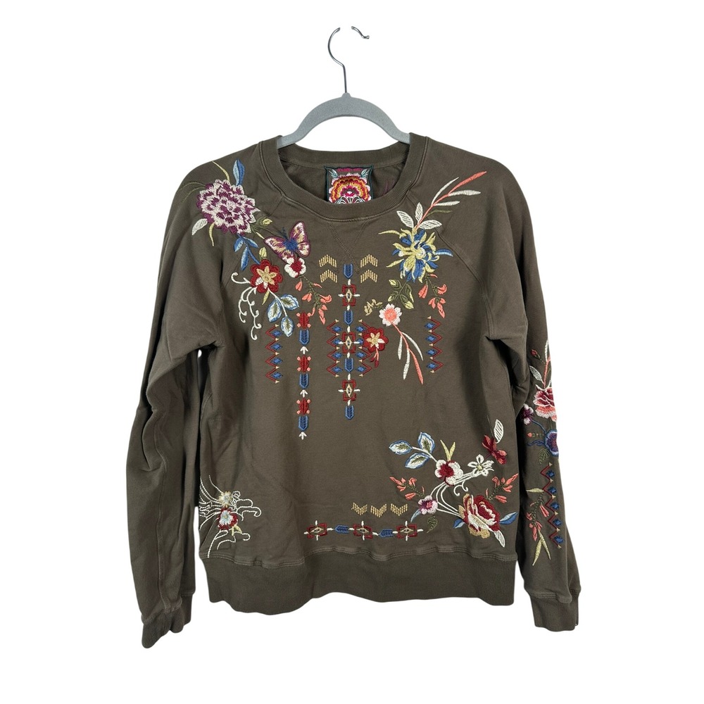 Johnny Was Sweatshirt Womens XS Brown Excellent Embroidered Floral Bird J13921-6